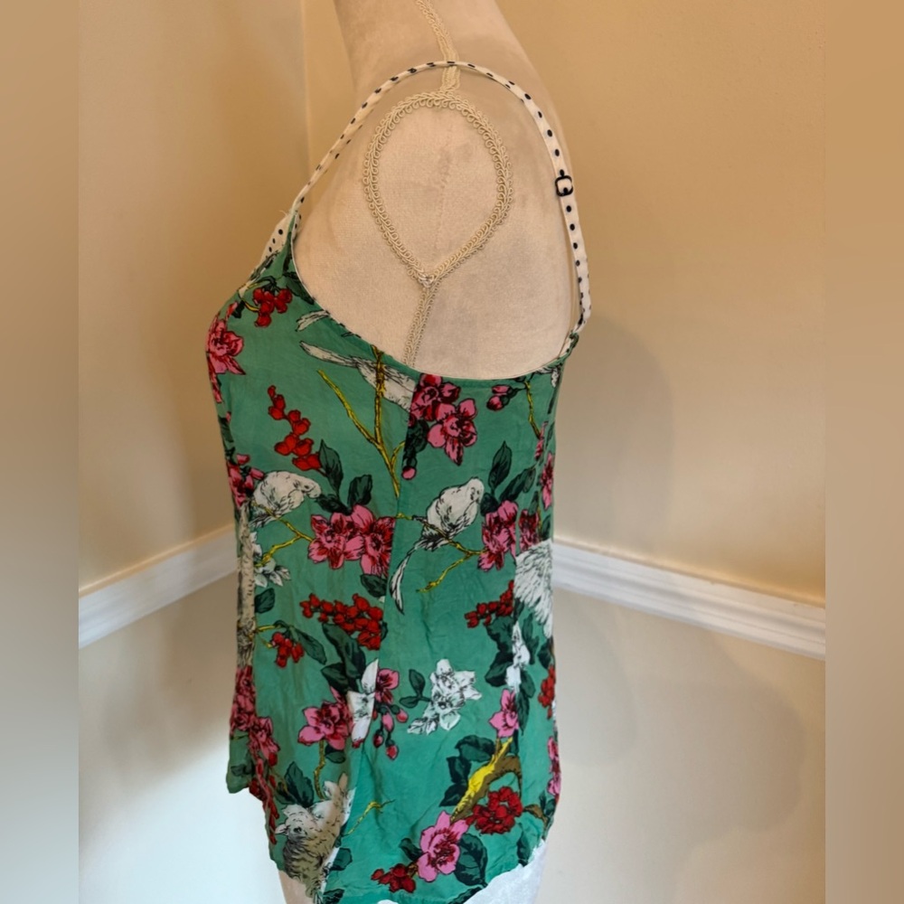 Anthropologie Green w/Pink Floral, Bird Print, Polka Dots Cami Women’s Top — S - Picture 6 of 7